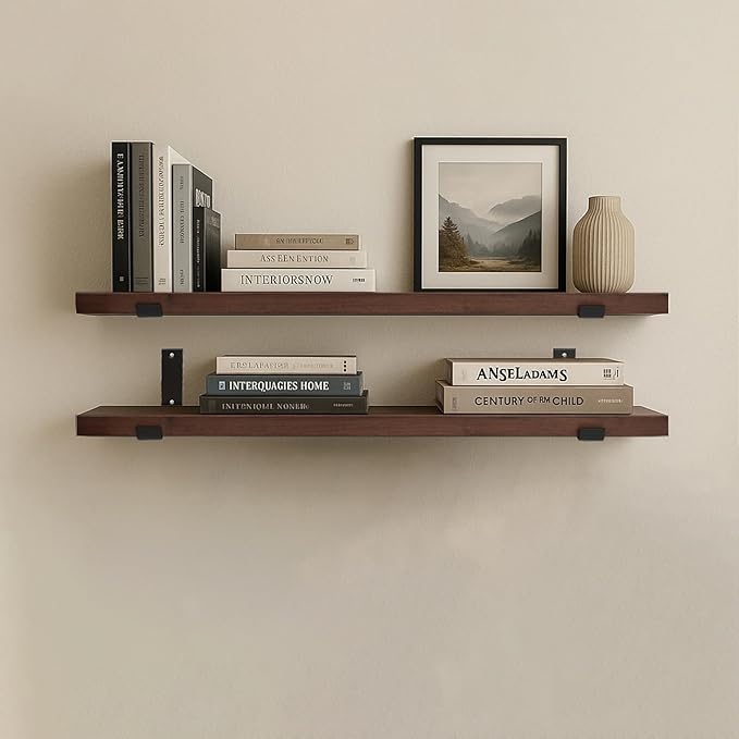 CONSDAN Floating Shelves for Wall Mounted Book Shelf Hanging Shelves Floating Bookshelf for Bedroom, Bathroom, Living Room, Kitchen USA Grown Solid Hardwood, Dark Maple 60x7.5x1.5 in (Set of 2)