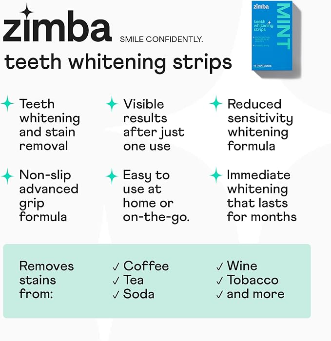 Zimba Coconut Flavored Teeth Whitening Strips | Vegan, Enamel Safe Hydrogen Peroxide Teeth Whitener for Coffee, Wine, Tobacco, and Other Stains | 14 Day Treatment | Coconut