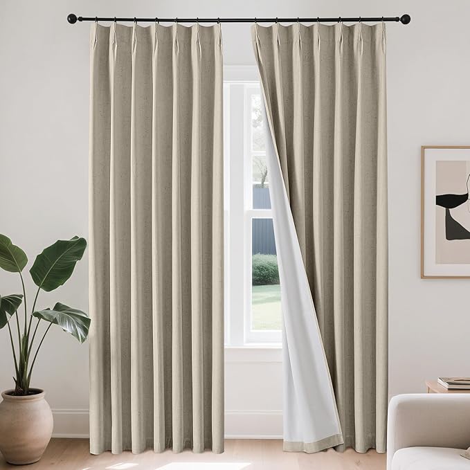 Joydeco Pleated Curtains for Living Room Bedroom, Linen Drapes 90 inch Length 2 Panels Set, Blackout Thermal Insulated Curtain(Cobblestone,40'' Wx90'' L)