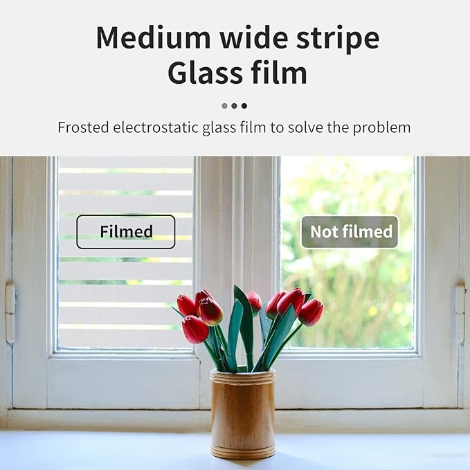 Window Privacy Film with Installation Tools, Static Cling, Anti UV, Heat Control, Ideal for Home Shower Office Glass Door (Stripes Pattern, 23.6X78.7Inch)