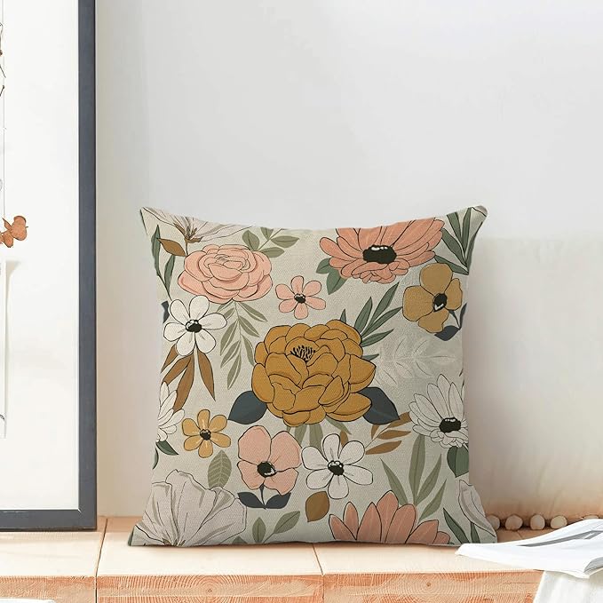 CXMEIFLY Spring Floral Pillow Covers 16 x 16 Inch Set of 2 for Vintage Mustard Yellow Pink Flowers Decor Throw Pillows Plant Cream Outdoor Decorative Cushion Cases for Couch Bed Decorations