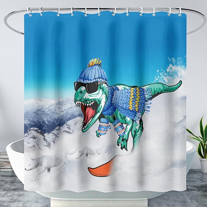 AILONEN Dinosaur Shower Curtain for Boys,Snow Wolf Shower Curtain, 60" W*72" H Waterproof Dino and Wolf Animals Themed Decor Bathroom with Grommets and Hooks