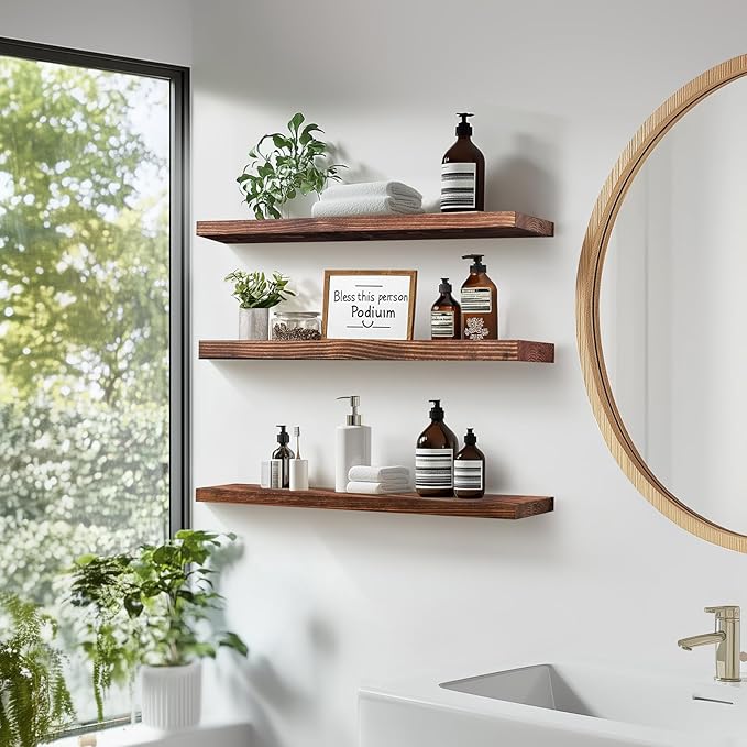 Floating Wall Shelves 3-Pack - 24-Inch Rustic Brown Wooden Shelves for Storage and Décor, Easy Installation for Living Room, Bedroom, and Kitchen