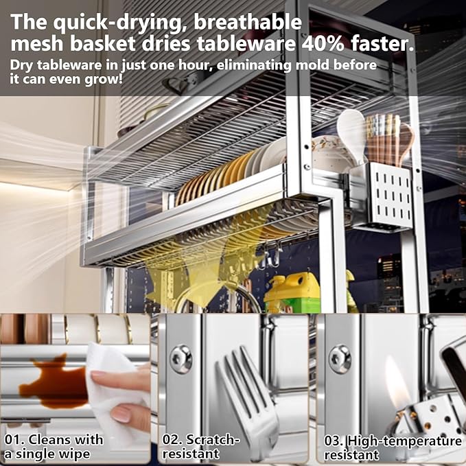 Kitchen Sink Rack Sink Above The Dish Drain Dish Washing Rack Stainless Steel Multifunctional Dish Storage Rack,Over The Sink Drying Rack for Dishes(2,55cm/21.7in)