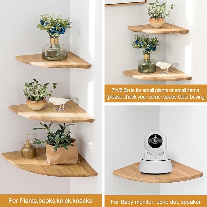 Corner Shelves, Floating Corner Shelf, Set of 2 12inch Solid Oak Wood Wall Shelves, Round End Wall Mount Display Shelf with Wire Hole for Bedroom Kitchen, Living Room