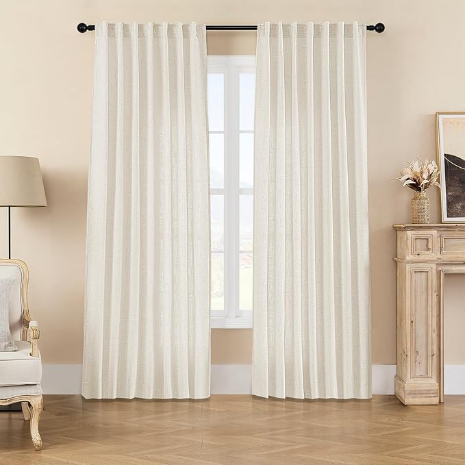 Joydeco Custom Linen Curtains for Living Room, Semi-Sheer Curtain 1 Panel Light Filtering Rod Pocket Back Tab (Ivory on Linen, Custom Size)