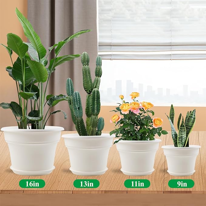 16 inch Plastic-Flower-Pot-for-Indoor-Plants, 4 Pack Large Outdoor Planter Pot with Drainage Holes & Saucers, Resin Decorative Garden Pots Planters