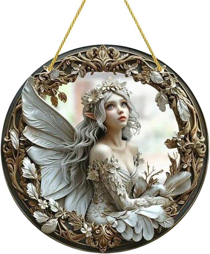 Flower Fairy Garden Decorations Angel Wing Christmas Halloween Deco Statue Art Elf Sculpture Hanging Craft for Outdoor Yard Courtyard Lawn Patio Window Acrylic Ornament Home Gift (D,S: 6*6 IN)
