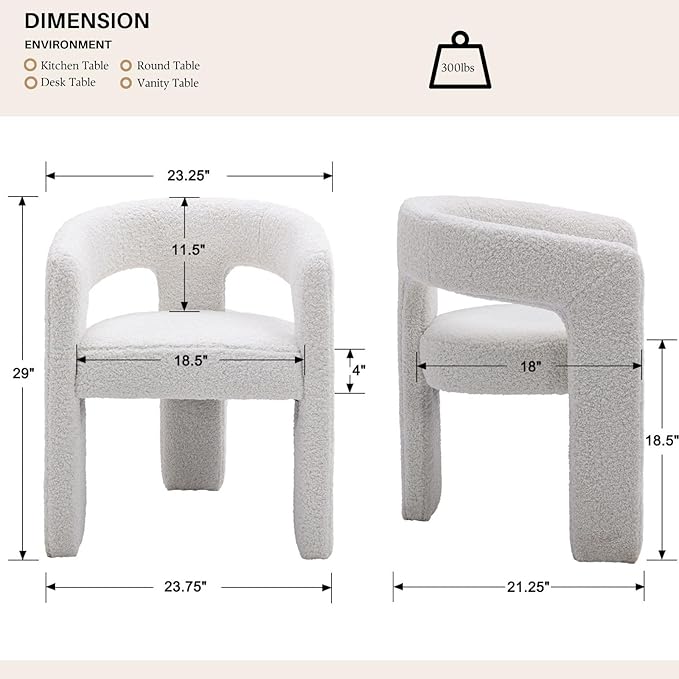 White Boucle Dining Chairs Set of 4, Modern Barrel Dining Room Chairs Upholstered Faux Fur Accent Chair with Arms and Round Back for Living Room Kitchen Armchair No Assembly Needed