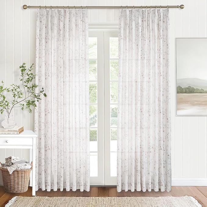 Pink Floral Pinch Pleated Linen Curtains - 2 Panels of Privacy Light-Filtering Printed Curtains Suitable for Dining Rooms and Farmhouses.60 Inches Wide by 102 Inches Long
