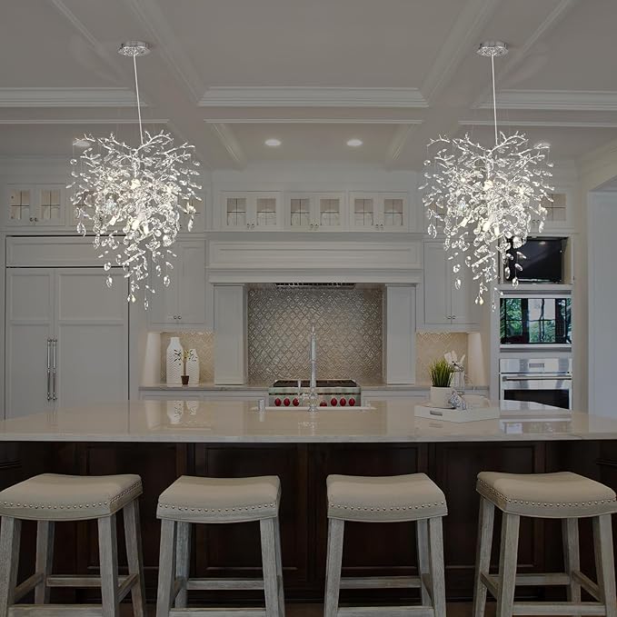 Silver Crystal Tree Branches Chandelier,21 Inchs 6 Lights Modern Round K9 Crystal Chandeliers for Dining Room, Bedroom, Living Room, Foyer,Kitchen Island,Bathroom