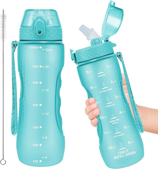 OLDLEY Kids Water Bottle for School, 25 oz (Straw Lid) BPA-Free Reusable Leak-proof Durable Tritan Plastic Water Bottles with One-handed Opening Straw Lids, Anti-dust Spout Cover (Mint Green)