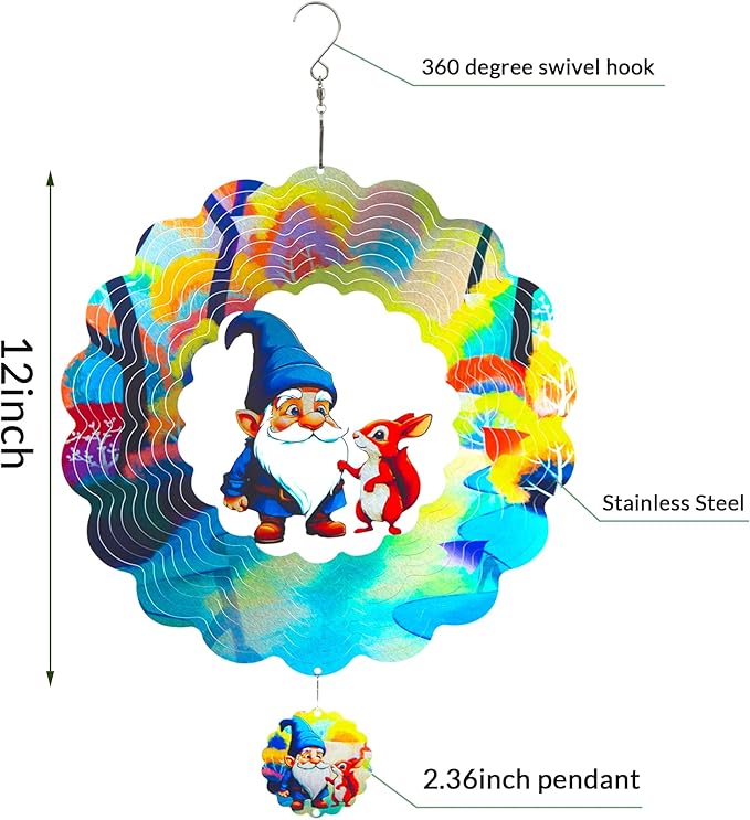 Gnomes Hanging Wind Spinners,12 Inch 3D Garden Spinner Kinetic Art Garden Decorations，Stainless Steel Reflective Wind Spinners for Yard