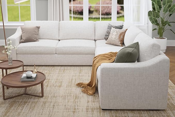 112" L Shaped Sectional Sofa with Detachable Sofa Cover, Reversible Sectional Modular Couch for Living Room, Linen Fabric Corner Couch with 7 Seats, Ivory
