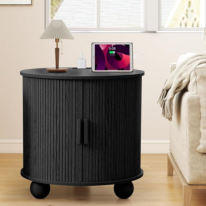 24" Large Fluted Round End Table with Charging Station, Farmhouse Cricle Sofa Side Table with Sliding Door and Storage, Rustic Curved Wood Nightstand for Living Room, Bedroom,Black