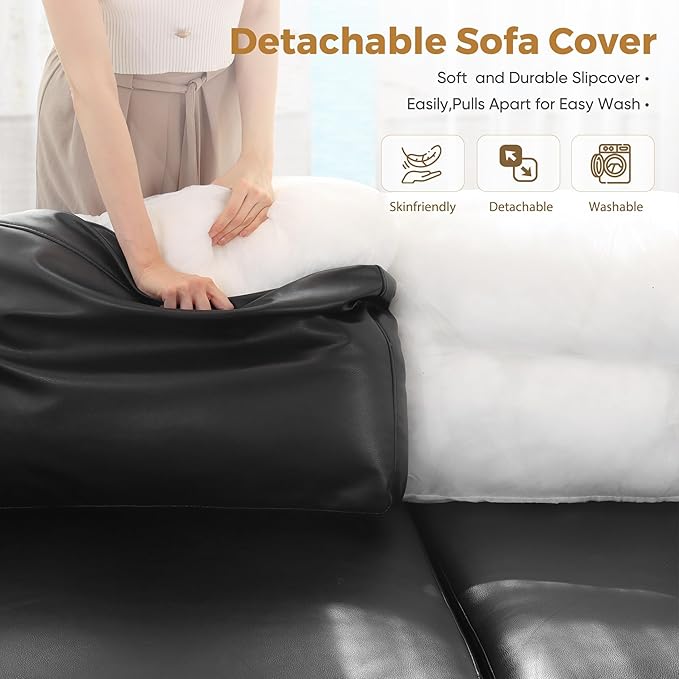 91.5" Faux Leather Modular Sectional Sofa, L Shaped Couch Set for Living Room, 3-Seater Comfy Cloud Couches with Movable Storage Ottoman,DIY Combination - Black