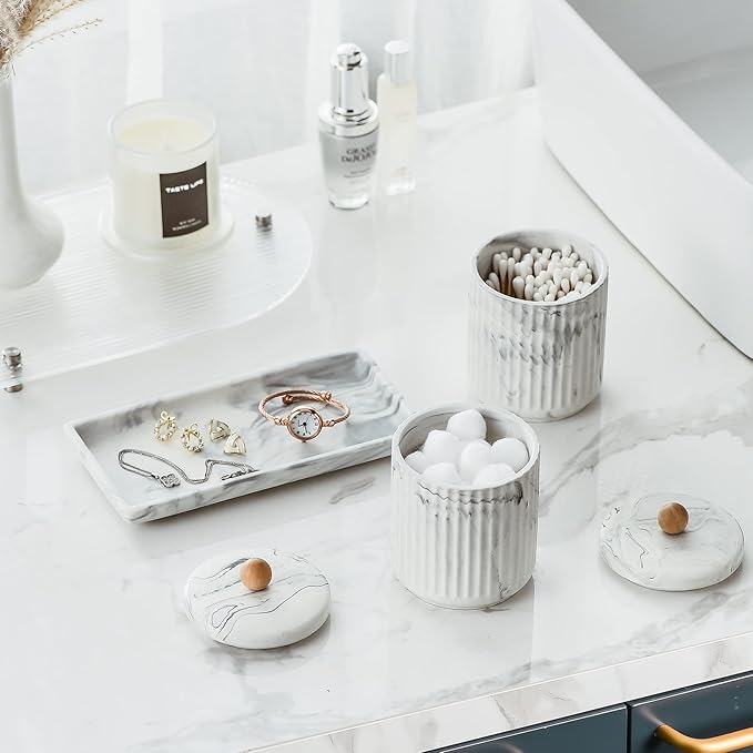 Marble Small Bathroom Jar Set ，Ceramic Cotton Swabs Holder with Lid and Dresser Organizer Set Tray for Storage and Organizing in Bathroom, Dresser, Kitchen, Office