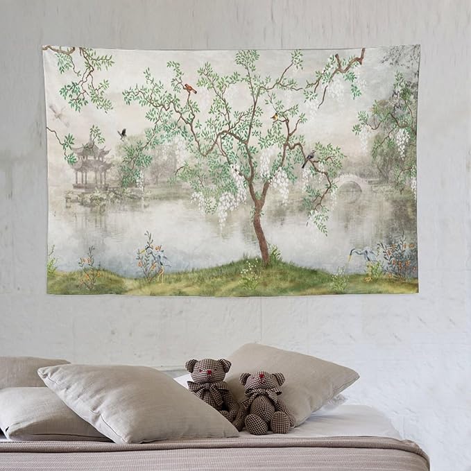 HZOHNAGO Japanese Tapestry Tree Misty Garden Lake Printed Wall Tapestry Ink Painting Wall Hanging for Bedroom Living Room Dorm 60" W x 40" H