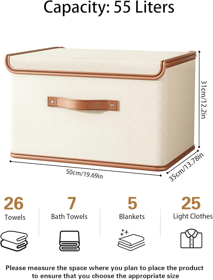 Tuza 2 Pack Storage Bins with Lids, Collapsible Closet Organizer Container, Fabric Organizer Box with Handles, Decorative Storage Boxes with Lids for Organizing Clothes, Blanket, White, Extra Large