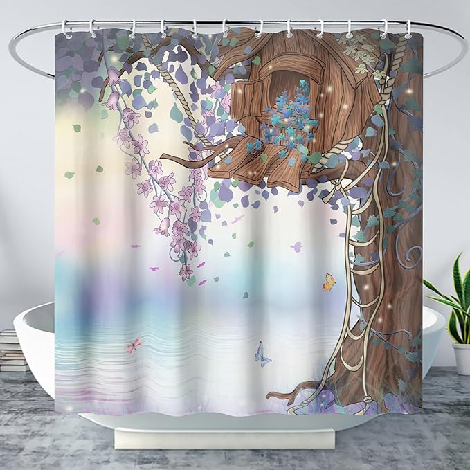 AILONEN Purple Tree Leaves Shower Curtain,Botanical Floral Plants Vine Shower Curtain,Butterfly Floral Shower Curtain for Bathroom Decor Polyester Waterproof with Grommets and Hooks 72" W*84" H