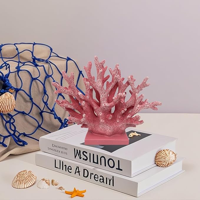 5.8" H Pink Coral Decor - Resin Coral Statue, Nautical Decor for Home, Bedroom, Bathroom, Living Room, Ocean Themed Cabinet Shelf Tabletop Decoration