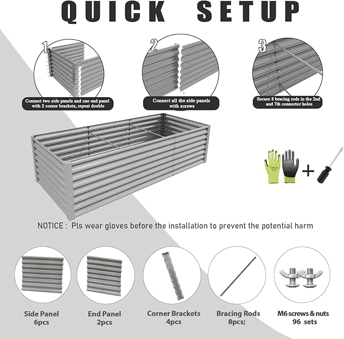 1 Pack 8x3x2FT Galvanized Raised Garden Bed Kit Retangular Metal Ground Planter Box Outdoor Bottomless Planter Raised Beds for Vegetables Flowers Herbs Fruits, Gray