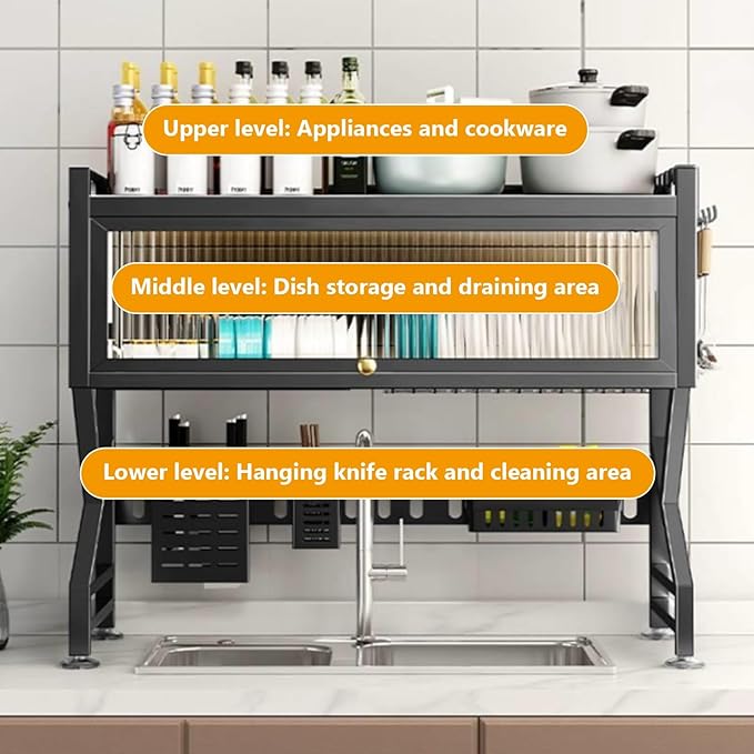 Kitchen sink rack dishwashing sink countertop dustproof cupboard storage multifunctional tableware storage drain rack double layer,KeepKitchen Sink Shlef Organized Space-Saving(White,95cm/37.4in)