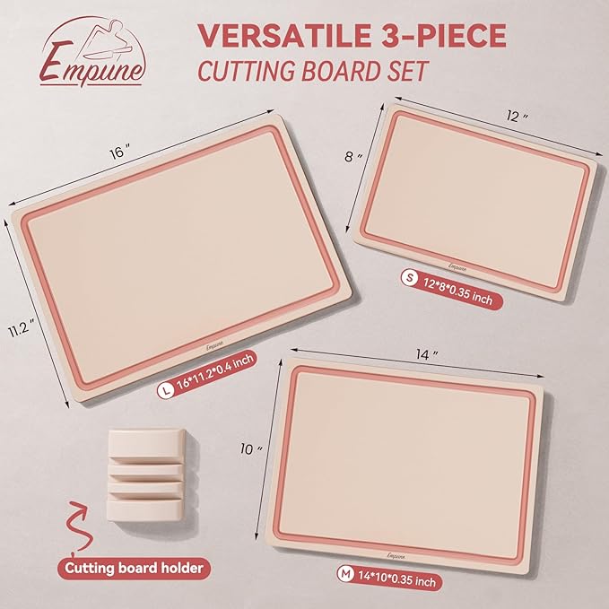 Empune Plastic Cutting Board Set, Recycled Plastic Cutting Boards for Kitchen (Set of 3), Dishwasher Safe Large Chopping Board with Holder, Non-slip Feet and Juice Grooves, Nonporous, Pink