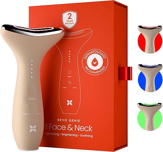 REVO Genie | Face & Neck Beauty Massager with Ultra Powerful LEDs for Wrinkles, Fine Lines, Puffy Skin, Uneven Skin Tone, Lymphatic Drainage, Lifting & Firming Facial Sculpting Tool with Light Therapy