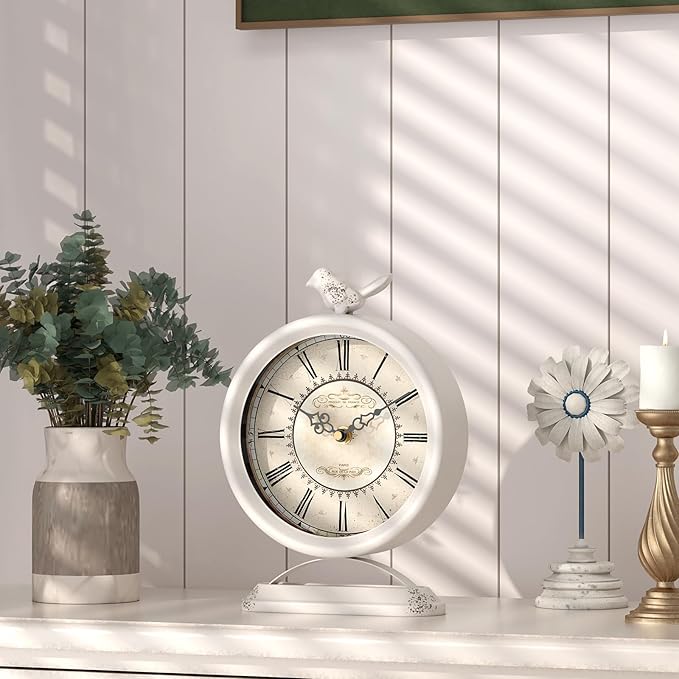 Vintage Table Clock with Bird, European Antique Style White Mantel Clocks, Desk and Shelf Decor Clock, for Farmhouse, Bedside, Living Room, Bedroom, Gift (9" H x 6.5" W)