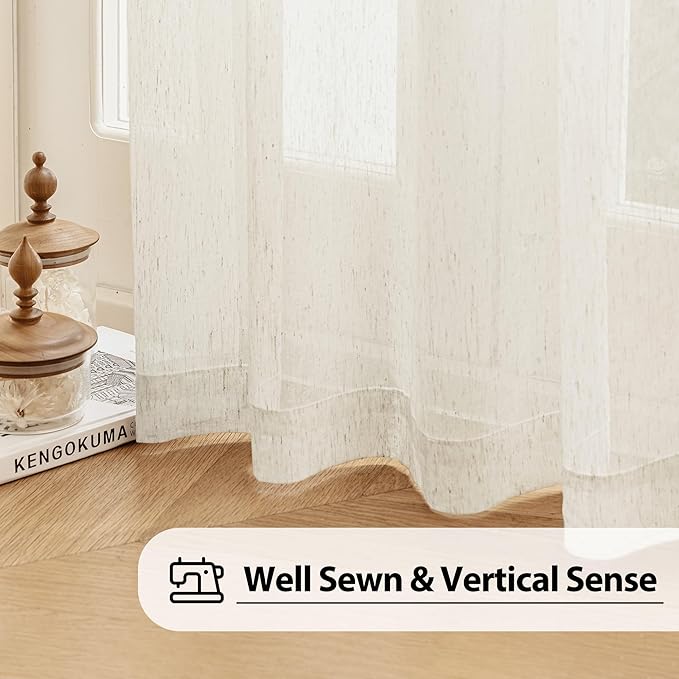 FMFUNCTEX Linen Sheer Sliding Door Curtains for Bedroom, Beige Curtains 84 Inches Long Window Curtain Drapes for Living Room, Natural Patio Glass Door Extra 100 Wide Curtain, Grommet Top 1 Panel