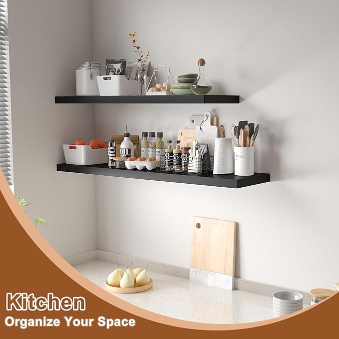 12 Inch Deep Floating Shelves for Wall 2 Pack Floating Shelves Large Storage Space Wall Mount Shelf for Living Room Kitchen Bathroom 30" W x 12" D x 1.2" H Black