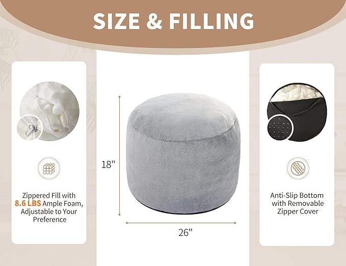 Boho Ottoman Living Room Furniture 26"x18" Large Round Ottomans Pouf Couch Foot Rest Grey Pouf Ottoman Foot Rest with Foam Chunk Filling Pouffe Ottomans Stuffed Foot Rest Poufs for Couch