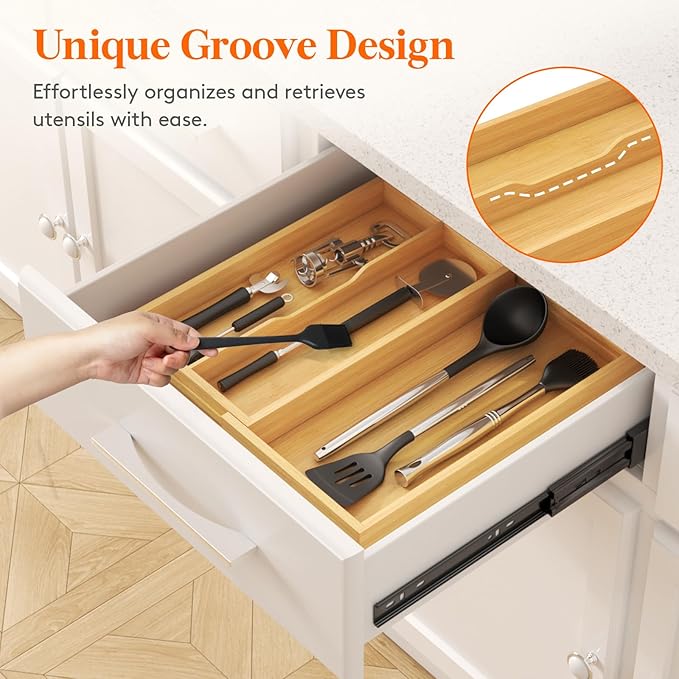Lifewit Utensil Drawer Organizer, Expendable Cooking Silverware Tray for Kitchen Drawer, Bamboo Adjustable Cutlery Flatware Holder, Spatula Tools and Gadgets Storage Divider, 3 Compartments, Natural