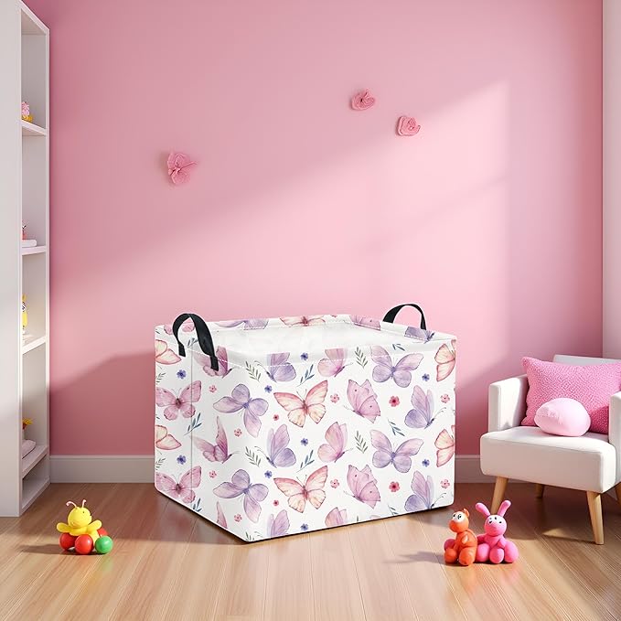 HIYAGON Rectangular Pink Basket for Girls Kids Baby Storage Basket Toy Storage Bin Organizer Box Room Decor(Watercolor Butterfly)