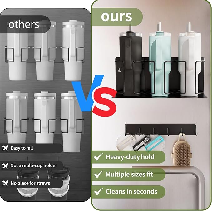 Strong Magnetic Cup Holder for Fridge, Fits Stanley 40/30/20 oz, Yeti & More, No-Drill Tumbler Organizer with Lid & Straw Storage, Kitchen & RV Space Saver(2-Piece Set)