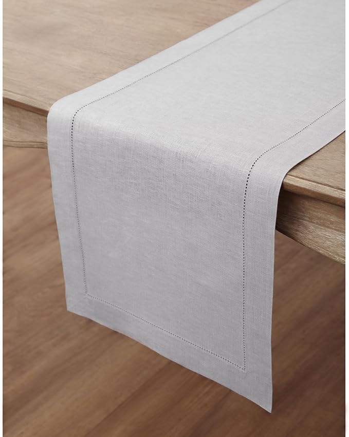 Solino Home Linen Soft Grey Table Runner 60 Inches - Classic Hemstitch, 100% Pure Linen Coffee Table Runner 14 x 60 Inch Ideal for Dresser Tables - Fall, Autumn, Halloween, Thanksgiving