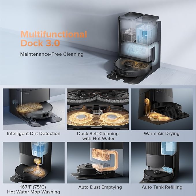 Roborock Qrevo Edge S5A Robot Vacuum and Mop, 17,000Pa, Zero-Tangling, DuoDivide Main Brush, FlexiArm Side Brush, Hot Water Mop Washing & Self-Cleaning, Warm Air Drying, Self-Emptying, Black
