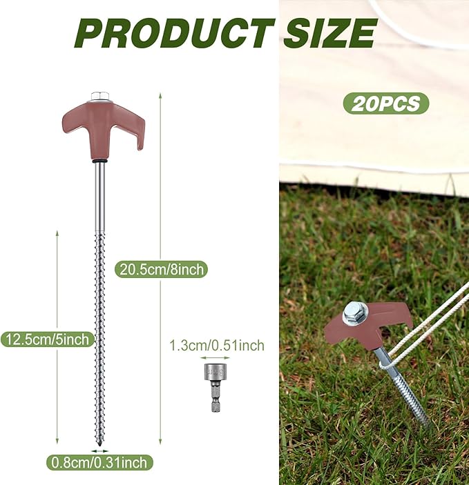 Hicarer 20 Pcs 20 Pcs 8'' Screw in Tent Stakes Heavy Duty Ground Metal Stakes for Inflatables with Hex Head Driver for Outdoor Camping Tent Inflatable Garden Decor (Brown)