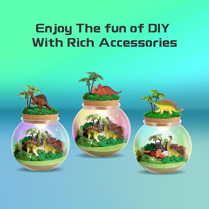 Dinosaur Light-Up Terrarium Kit for Kids- Birthday Gifts for Boys Ages 4 5 6 7 8-12 Year Old- Dinosaur Toys for Boys with Multicolor LED Light & Remote