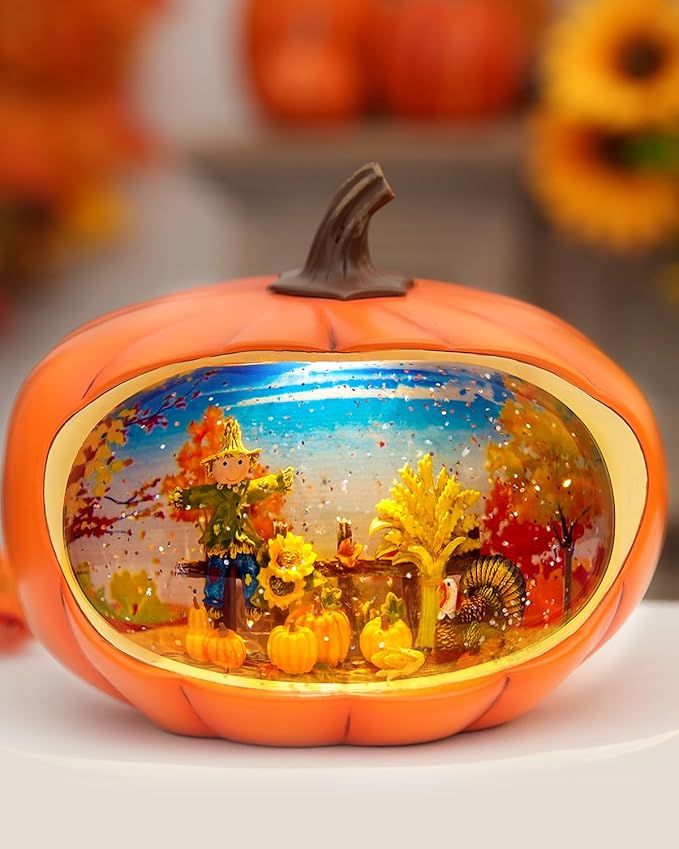 Fall Decor Snow Globe Lighted Pumpkin Thanksgiving Decoration Swirling Glitter Snow Globes Pumpkin Table Accent for Fall Harvest Day Decorations,Pumpkin&Scarecrow