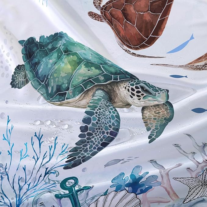 AILONEN Cartoon Sea Turtle Shower Curtain Set, Blue Ocean Animals Waterproof Fabric Shower Curtain,Gouache Anchor Nautical Theme Shower Curtain Liner for Bathroom with Hooks,60" Wx72 H