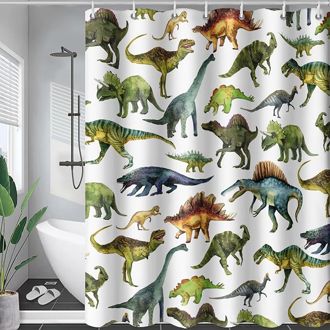 AILONEN Dinosaur Shower Curtain 72" W*96" H for Bathroom,Cartoon Dinosaur Bathroom Shower,Tropical Jungle Dinosaur Kids Boys Bath Curtain Polyester Waterproof Bathroom Curtain with 12 Hooks