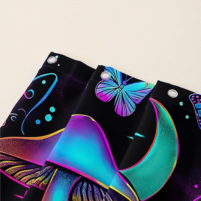 AILONEN Mushroom Shower Curtain,Colorful Butterfly Flower Decoration,Polyester Fabric,Waterproof,Botanical Fungus Plants Black Bath Curtains Washable,with 12 Plastic Hooks, 72" W x 78" H