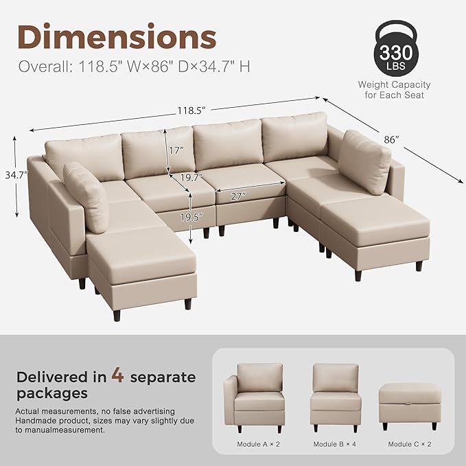 118.5" Faux Leather Modular Sectional Sofa, Modern Large 8 Seater U Shaped Couch with Storage Seat with Reversible Chaise Deep Seat for Living Room DIY Combination - Whitesand