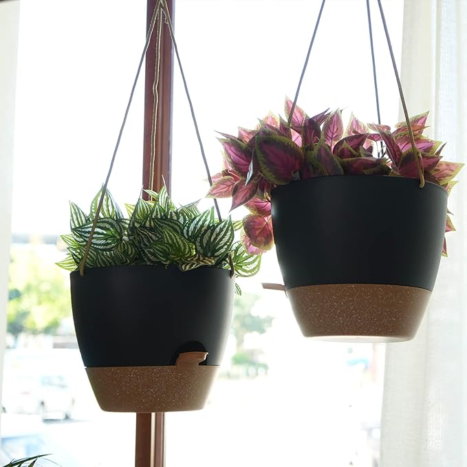 10 Inch Self Watering Hanging Pots, 2 Pack Hanging Planters with 40oZ Deep Reservior for Indoor Outdoor Plants Flowers, Black with Brown
