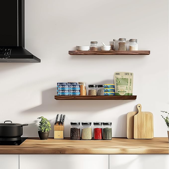 Floating Wall Shelves 2-Pack - 24-Inch Rustic Brown Wooden Shelves for Storage and Décor, Easy Installation for Living Room, Bedroom, and Kitchen