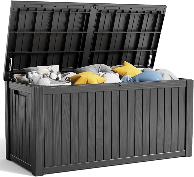 180 Gallon Resin Deck Box, Lockable Patio Outdoor Storage Box for Furniture, Garden Tools and Tools Storage, Waterproof Outside Storage Boxes - Black