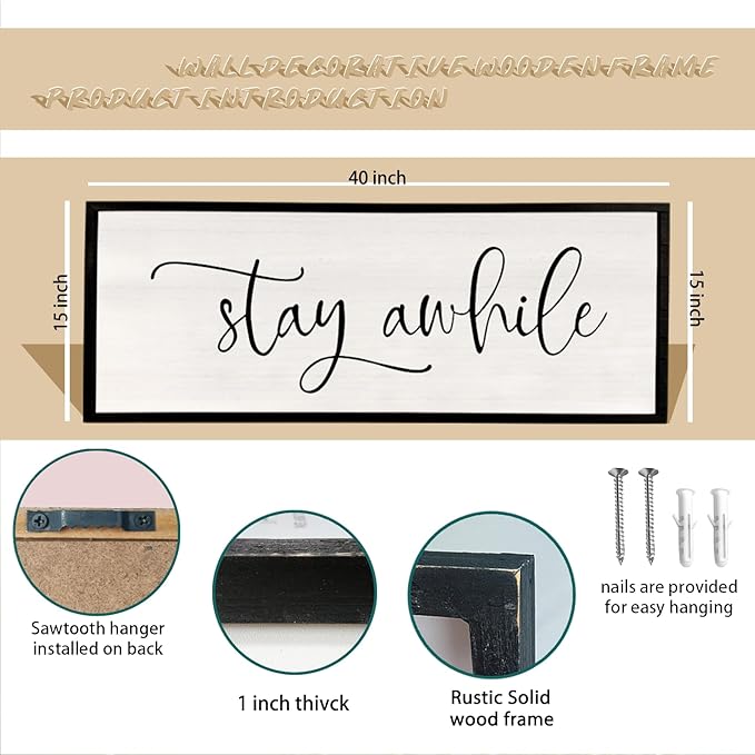 Stay AWhile Sign Wall Decor Sign 40"X15" Large Living Room Entryway Wood Framed Rustic Wall Decor for Vintage Farmhouse Foyer Hanging Lets Stay Home Wall Art (Black)