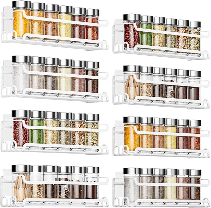 LUCYCAZ 8 Pack Wall Mounted Spice Rack with 16 Hooks, Spice Organizer Shelf for Stove Cabinet Pantry Door,Screw or Adhesive Spice Shelf Hanging Wall Spice Rack in Kitchen and RV (White, 8 PACK)